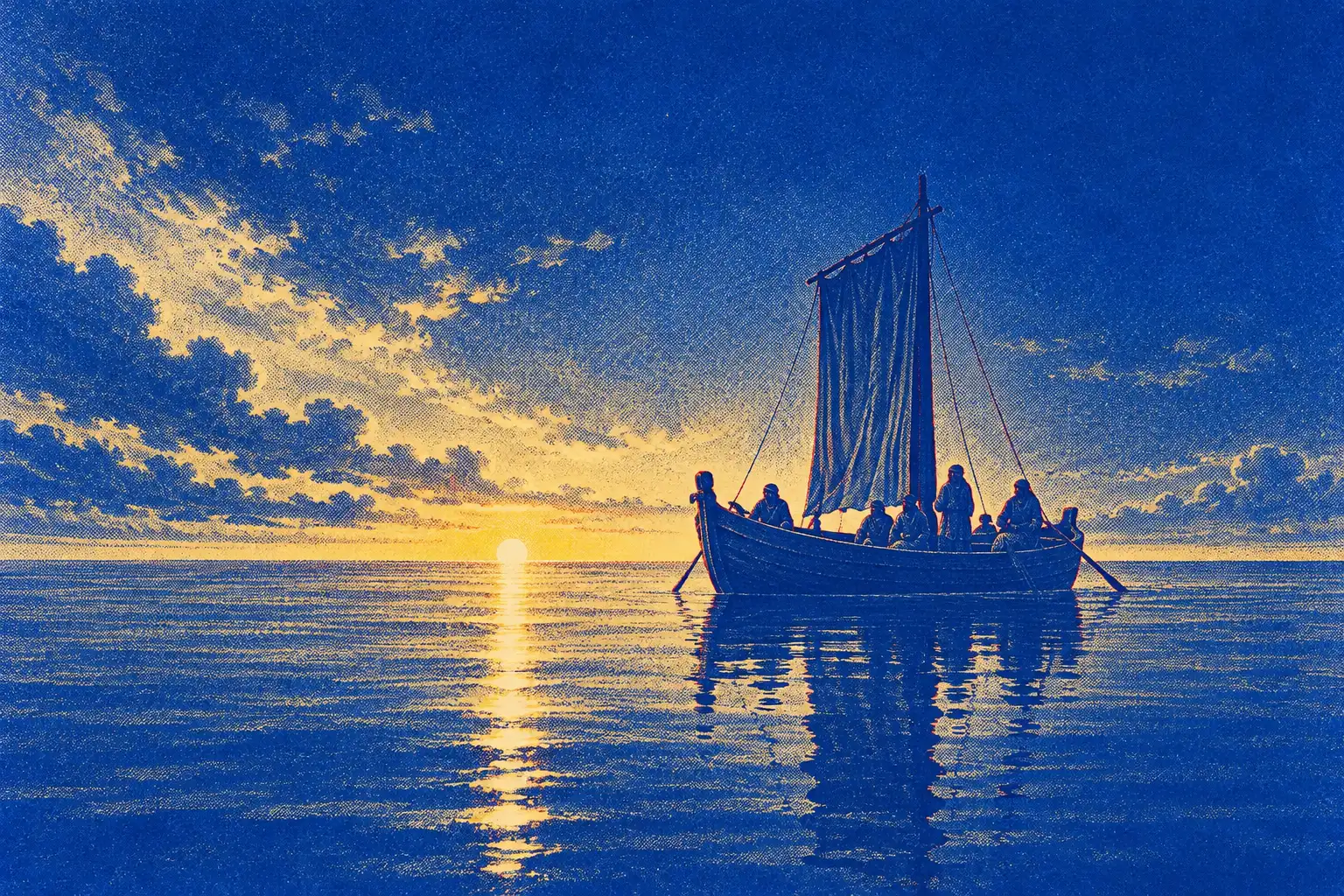 At sunrise a wooden fishing boat full of men sits still on glassy water, its square sail hanging slack and its reflection unbroken beneath it.
