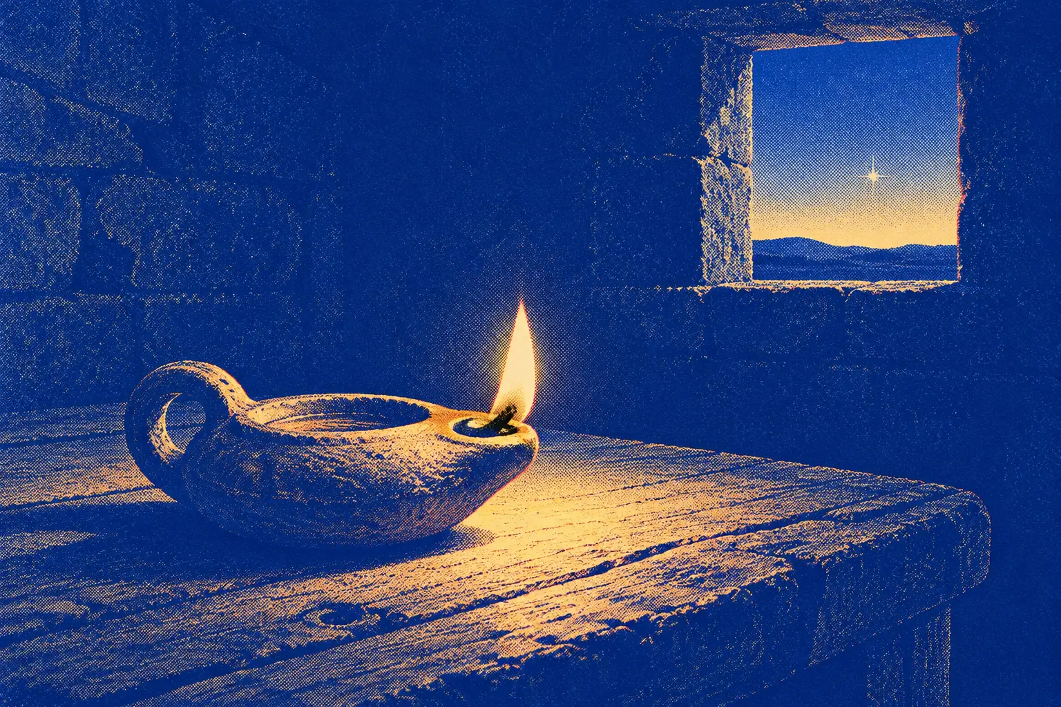 A small clay oil lamp burns on a rough wooden table in a dark stone room. Behind it a small square window shows the first light of dawn and one bright star.