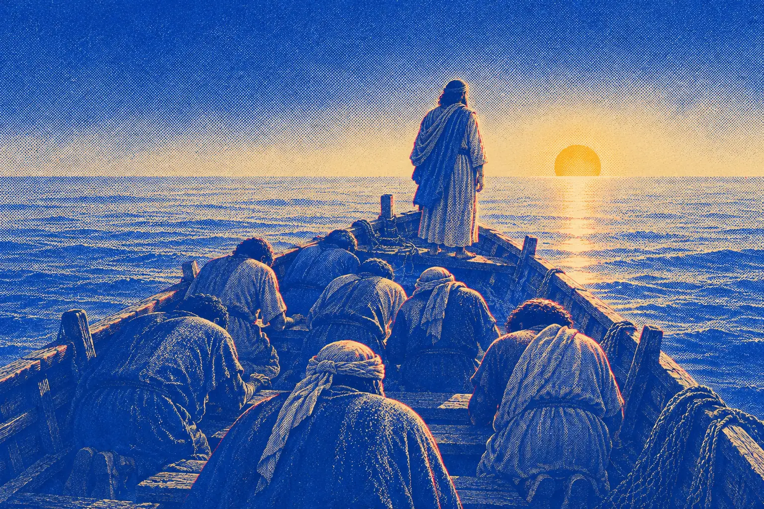 From the stern of a fishing boat at sunrise, looking down its length over the bowed backs of kneeling men. At the bow one robed figure stands facing the rising sun over calm water.