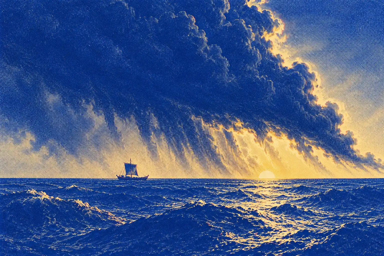 An enormous bank of storm cloud draws away over the sea, trailing rain like dust, with gold light breaking under its edge. Beneath it one small boat gives the scale.