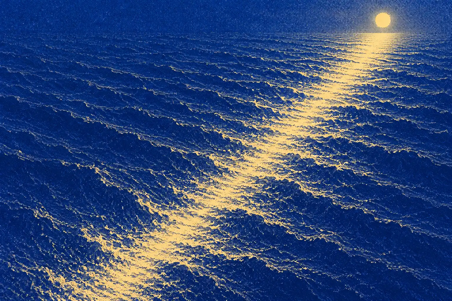 A dark sea at night, seen from above, with one long path of gold moonlight running across the waves from corner to corner. Nothing is on it: no boat, no wake and no figure.