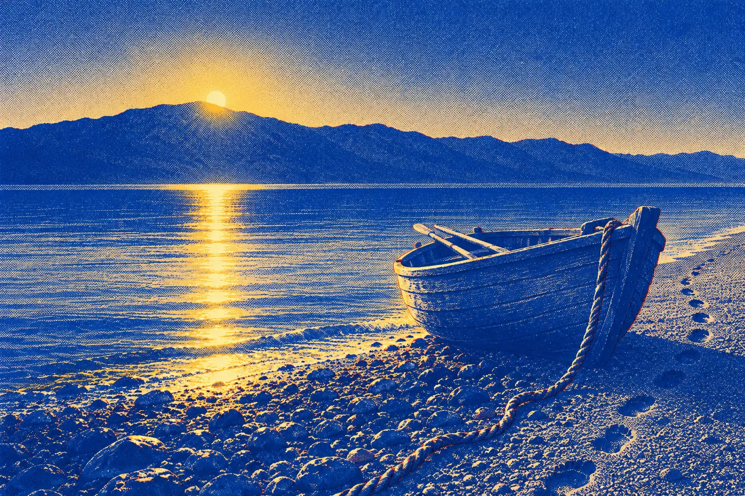At sunrise a small wooden boat rests on a pebble beach with a rope trailing from its bow and footprints leading away. Across the calm lake the sun is rising over a dark mountain.