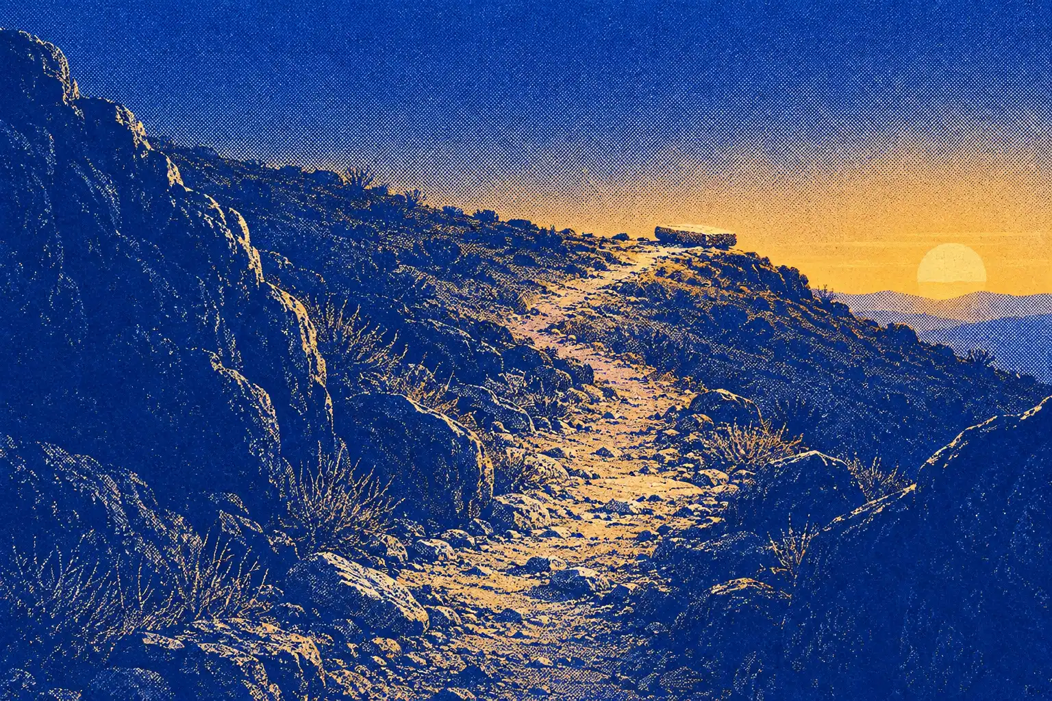 A narrow stony footpath climbs a bare hillside at sunset toward a flat stone on the crest, with the sun low on the horizon. Nobody is there.