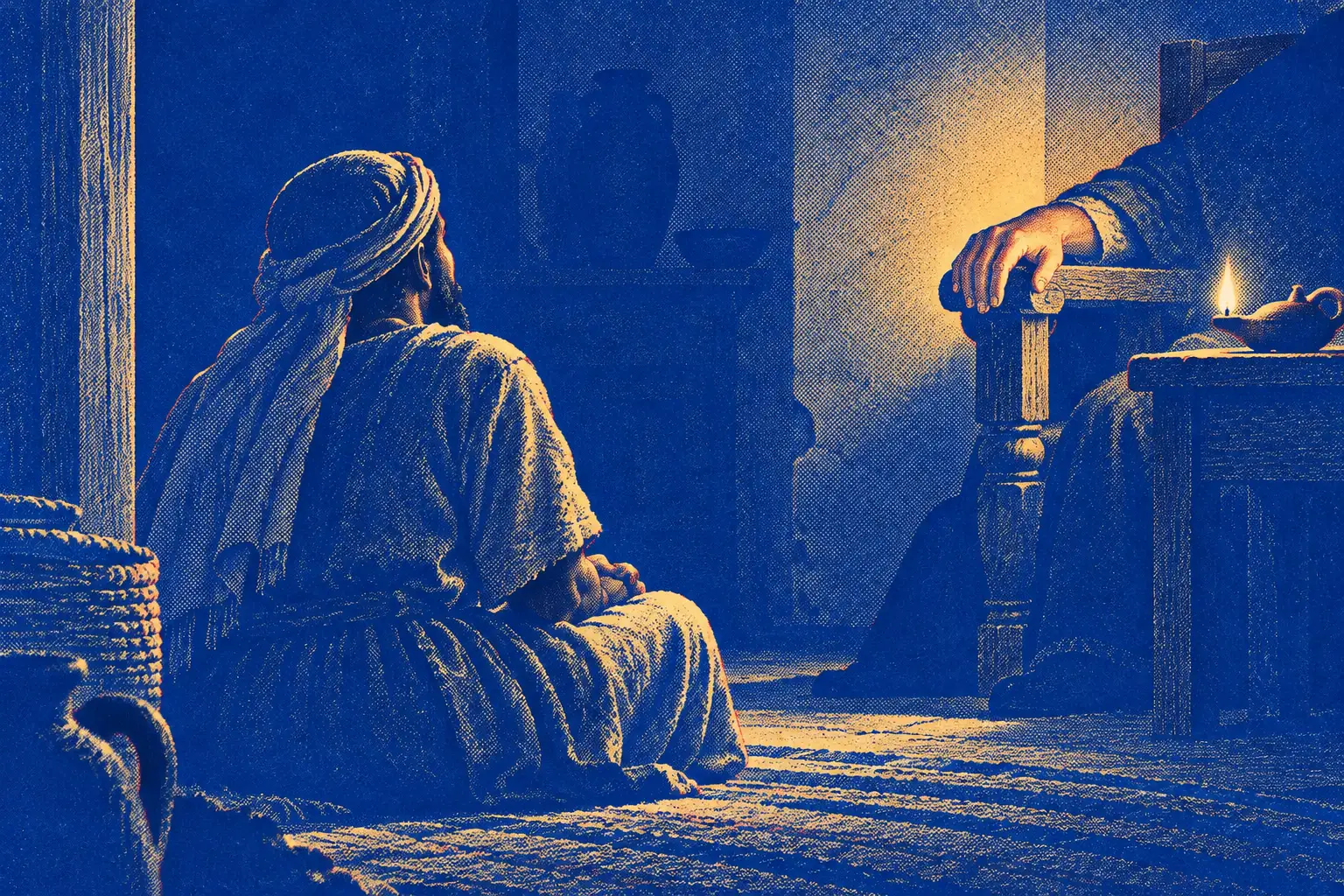 In a dim room at night a servant sits on the floor, seen from behind, looking toward a hand that rests on the arm of a wooden chair beside a small burning oil lamp.