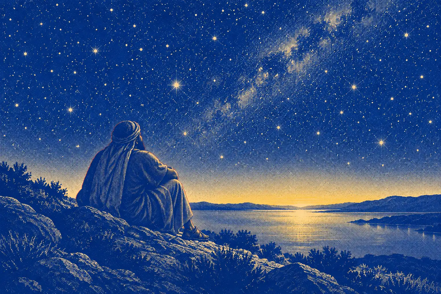 A single figure sits on a dark hillside at night, seen from behind, looking out under a sky full of stars and the Milky Way, with a still lake far below.