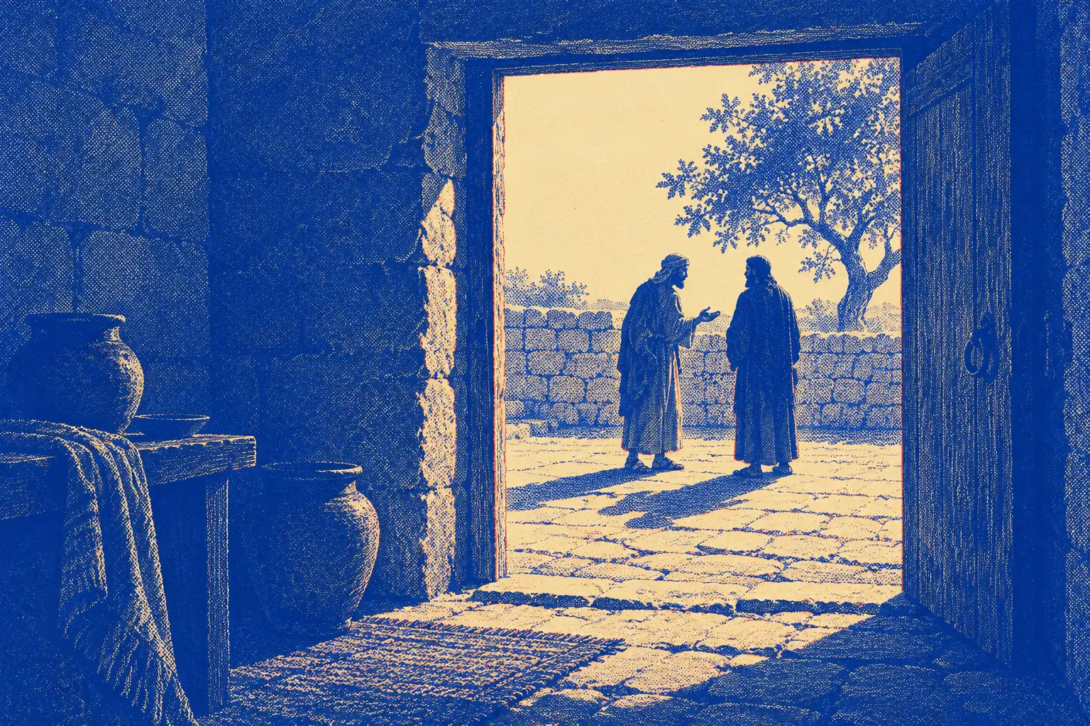 Seen from inside a dim stone room, a low doorway frames a sunlit courtyard where two men in long robes and head cloths stand talking, with a fig tree and a low wall behind them.
