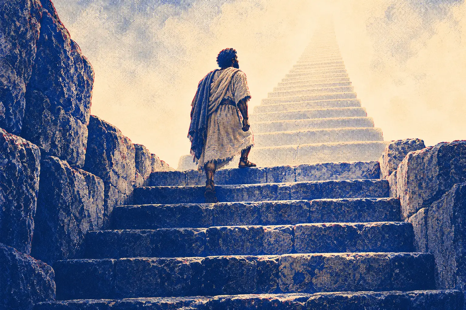 A man in a plain robe and mantle climbs a worn stone staircase that rises on and on toward a bright, misty sky, narrowing until it fades into light.