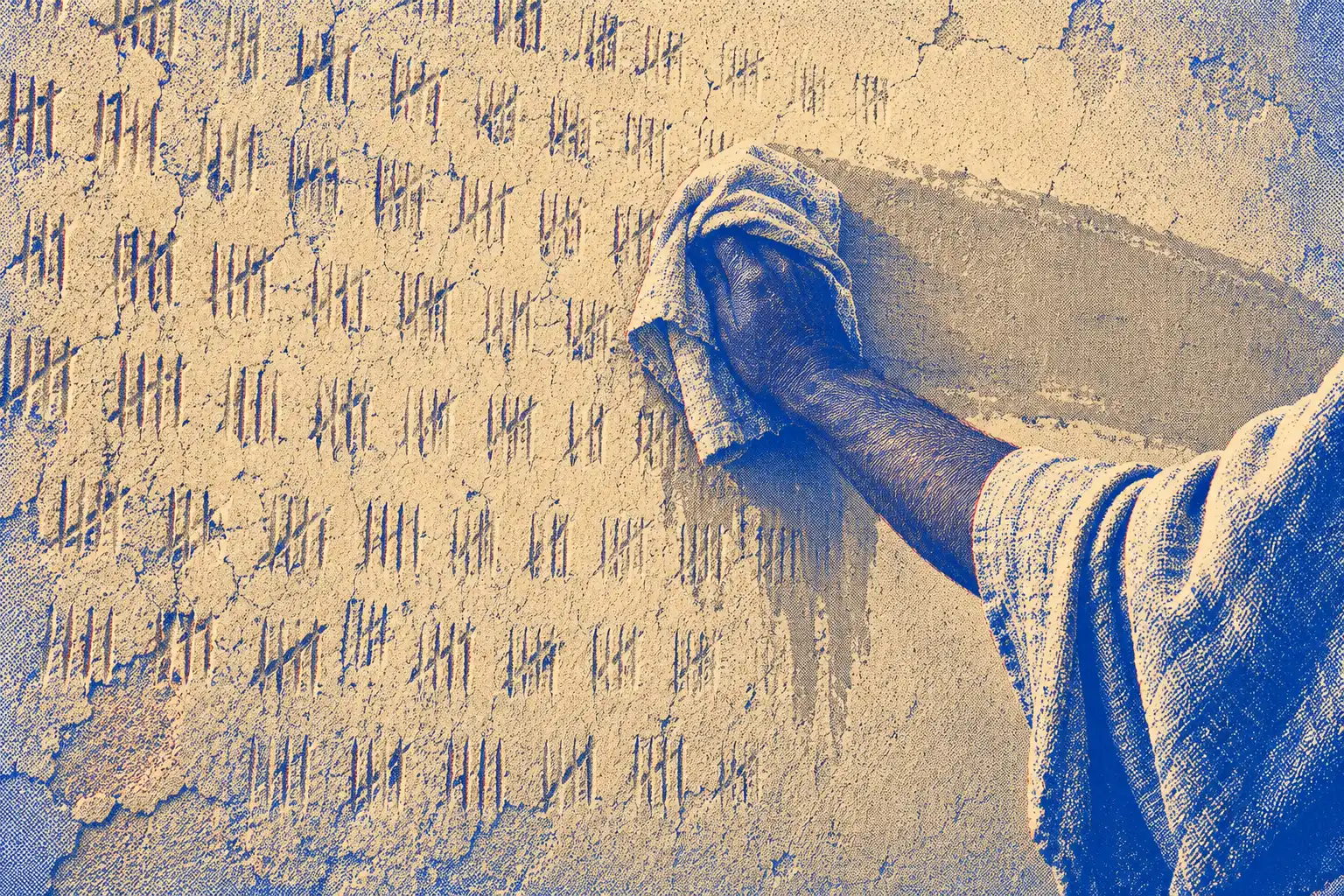 A forearm in a coarse sleeve presses a damp cloth against a cracked plaster wall covered in rows of short upright tally marks. Behind the cloth a wide patch of wall has been wiped clean.