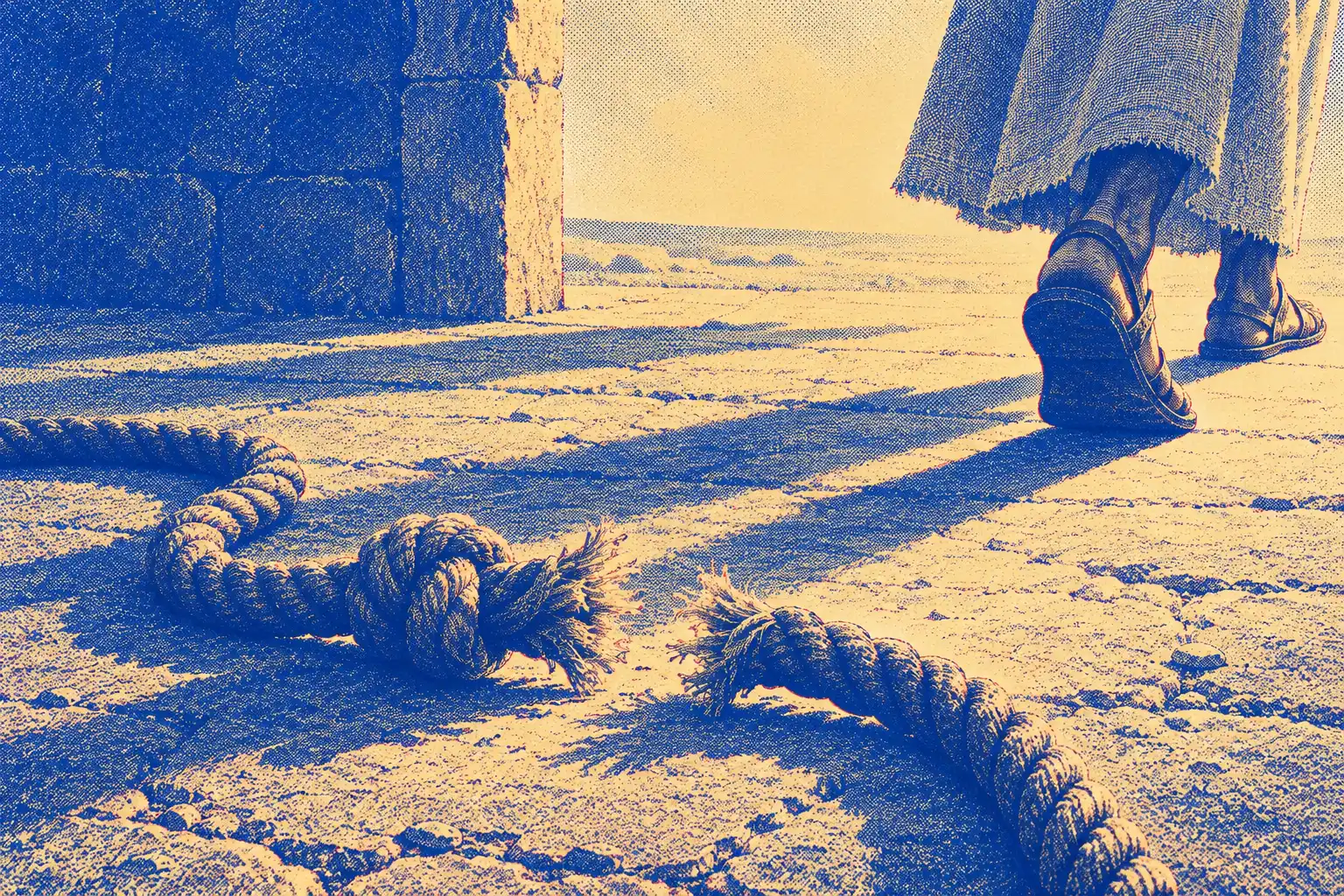 A thick rope with a knot cut clean through lies in a loose curl on a stone floor. At the edge of the picture a man in sandals and a plain robe walks away.
