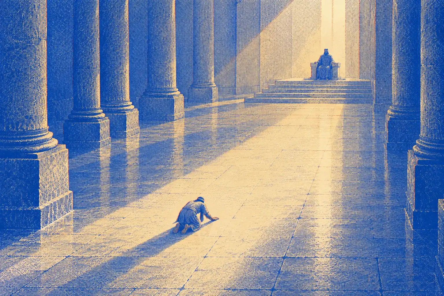 A very large stone hall with tall columns and a shaft of morning light across the floor. At the far end a small seated figure sits at the top of broad steps, and a tiny man kneels on the empty floor.
