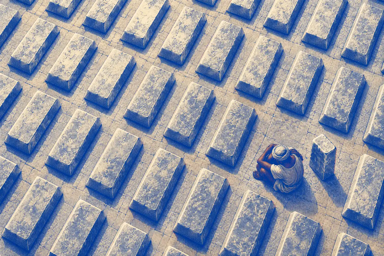 Seen from directly above, a stone floor is covered in neat rows of heavy silver bars. A small man sits curled in the corner between the rows, beside one bar tipped on its end.
