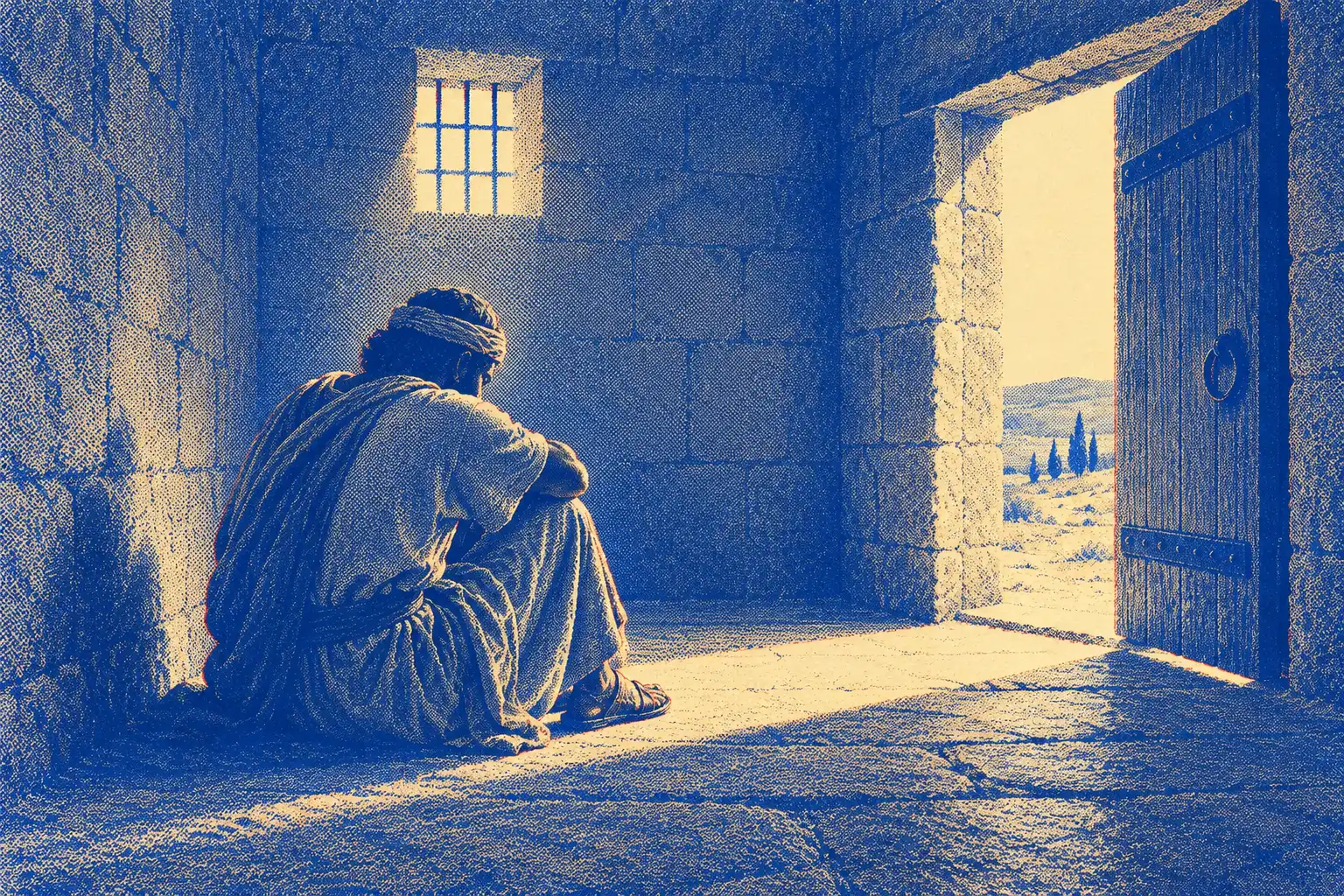 A man in a plain tunic and head cloth sits on the floor of a small stone cell with his head bowed and his knees drawn up. The heavy door beside him stands open to the morning, and a barred window high in the wall lets in light.
