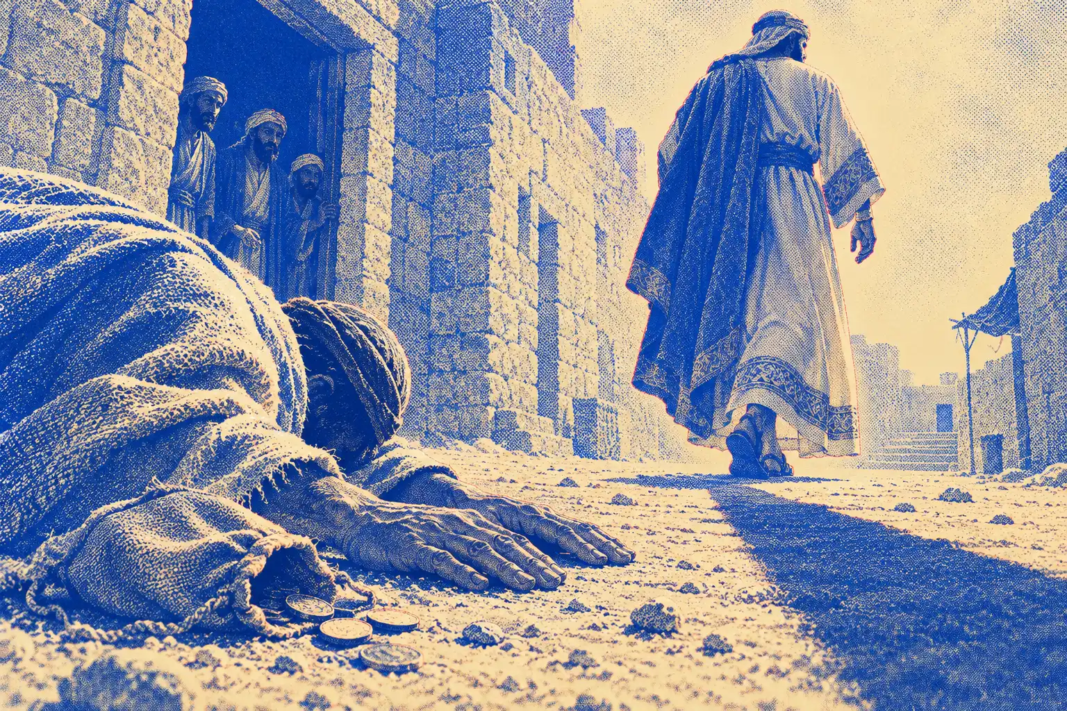 Seen from the dust of a narrow stone street, a man lies bowed with his bare hands flat on the ground and a small bag of coins beside him. A man in a fine embroidered robe walks away, and three men watch from a doorway.
