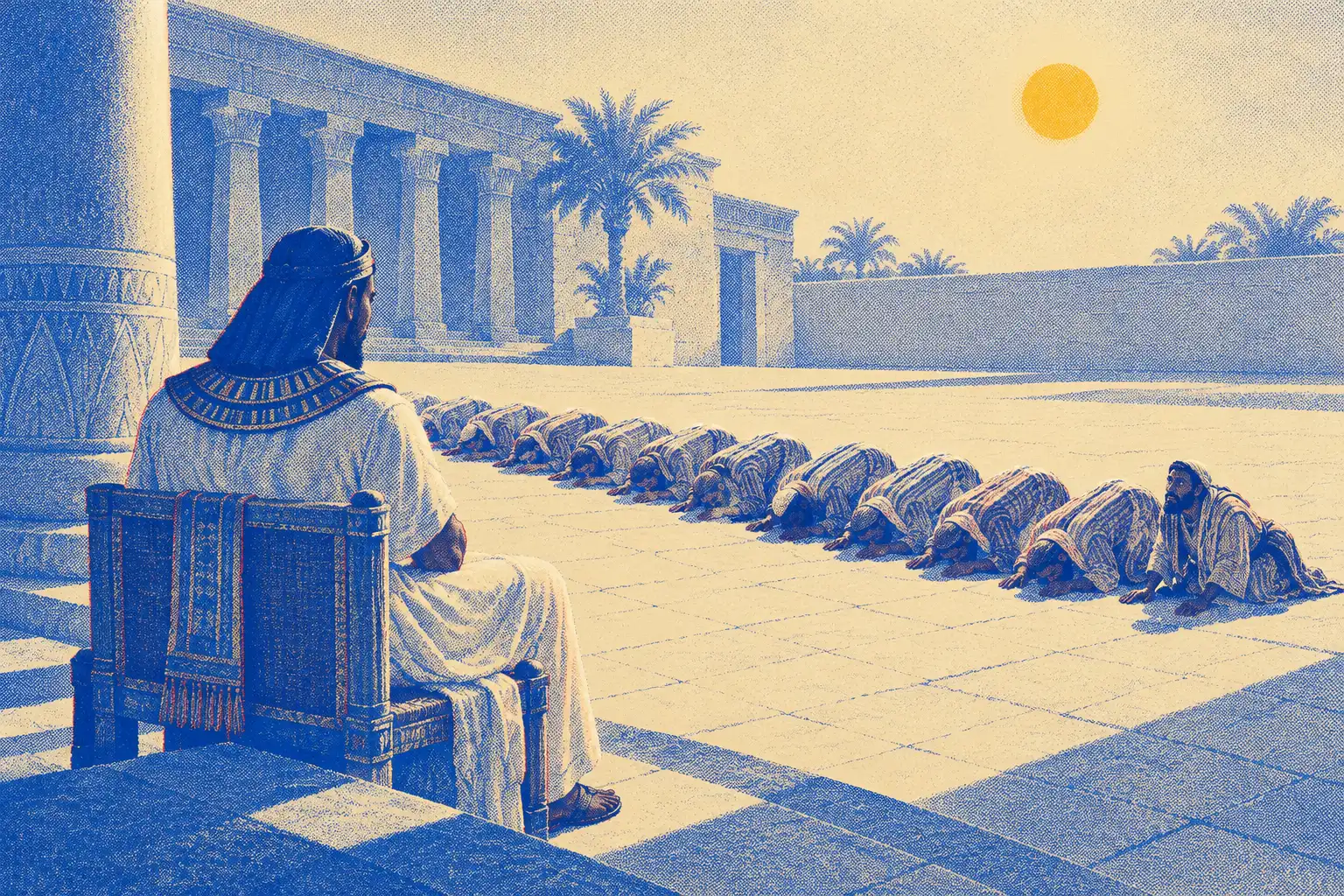 A man in white linen and a broad beaded collar sits on a carved chair in a sunlit palace courtyard, seen from behind. Across the pale paving a long row of men in striped robes lie bowed on their faces, and the last of them has lifted his head.