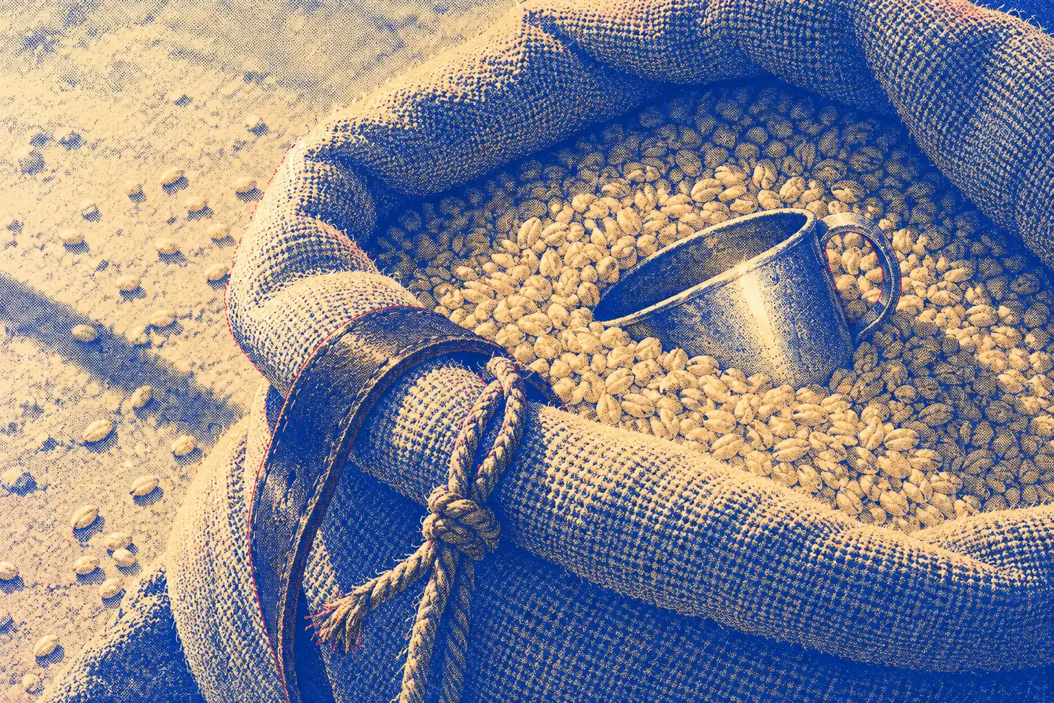 The open mouth of a coarse sack full of grain, with a small silver cup with one handle half buried in it. A knotted cord lies across the rim of the sack.
