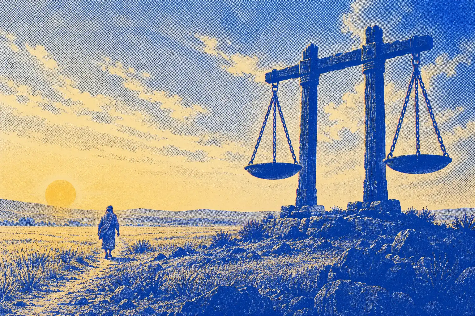 A very large wooden balance with two empty pans hangs from a frame on a hill at sunrise. Far to the left a tiny man walks away across the fields, seen from behind.