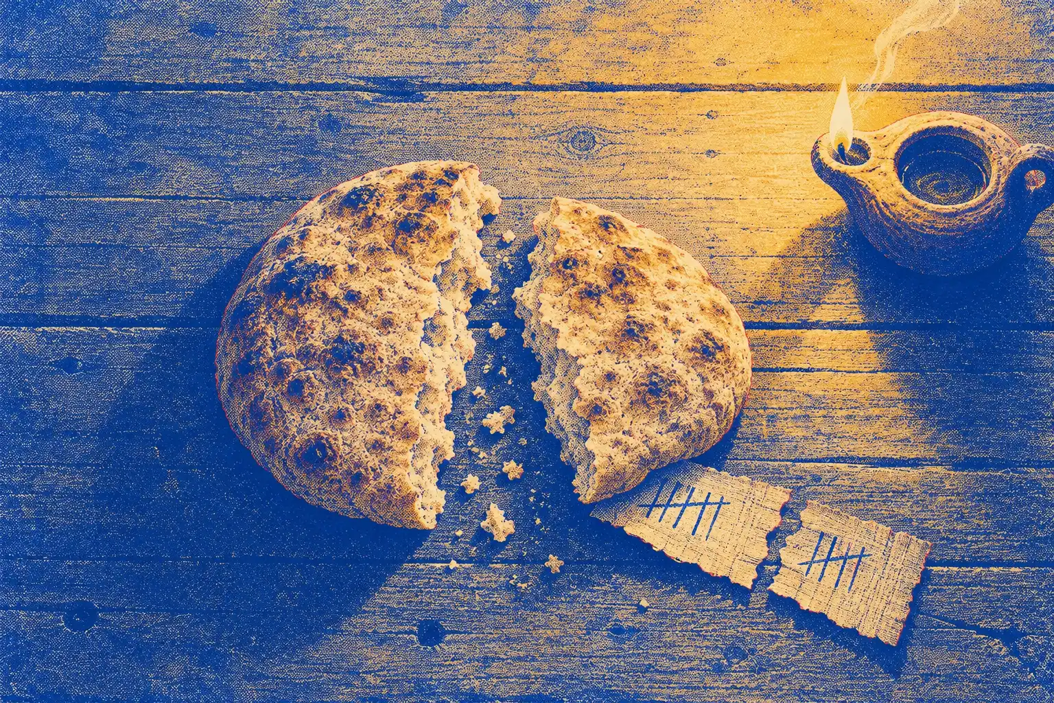 Seen from above, a round loaf of flat bread lies broken in two on a worn wooden table. Beside it a strip of papyrus marked with tally strokes is torn in two, and a small clay lamp burns at the corner.