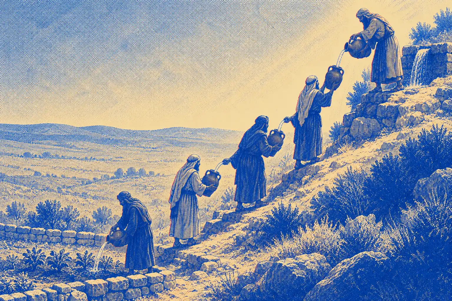Five people in long tunics and head cloths stand one below another on a hillside path. The first pours water from a spring into the jar of the second, who pours into the third, and the last pours it onto a dry garden at the foot of the hill.