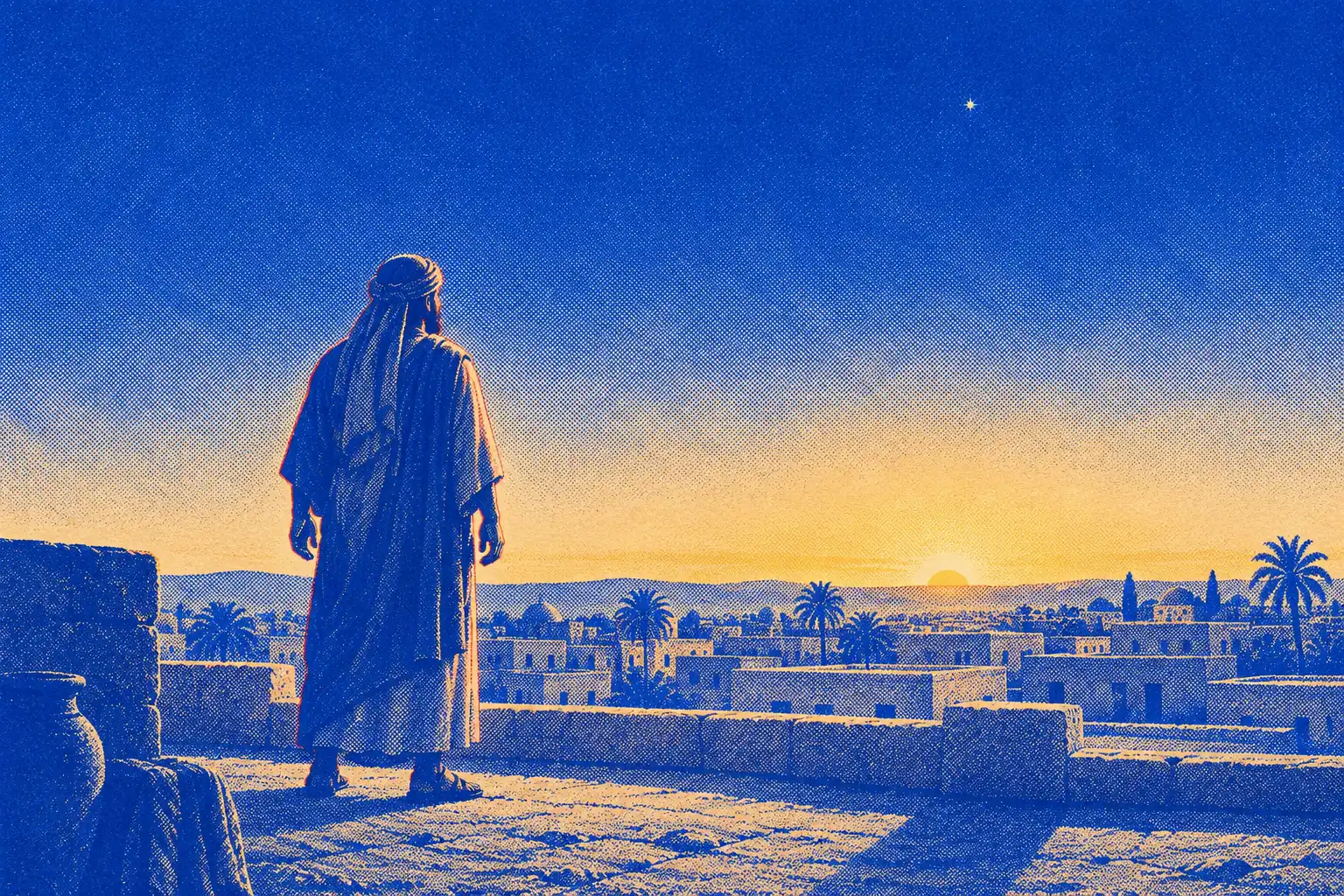 A man in a long mantle stands on a flat rooftop at first light, seen from behind with his arms loose at his sides. He looks out over a village of flat-roofed houses and palms and a band of gold on the horizon.