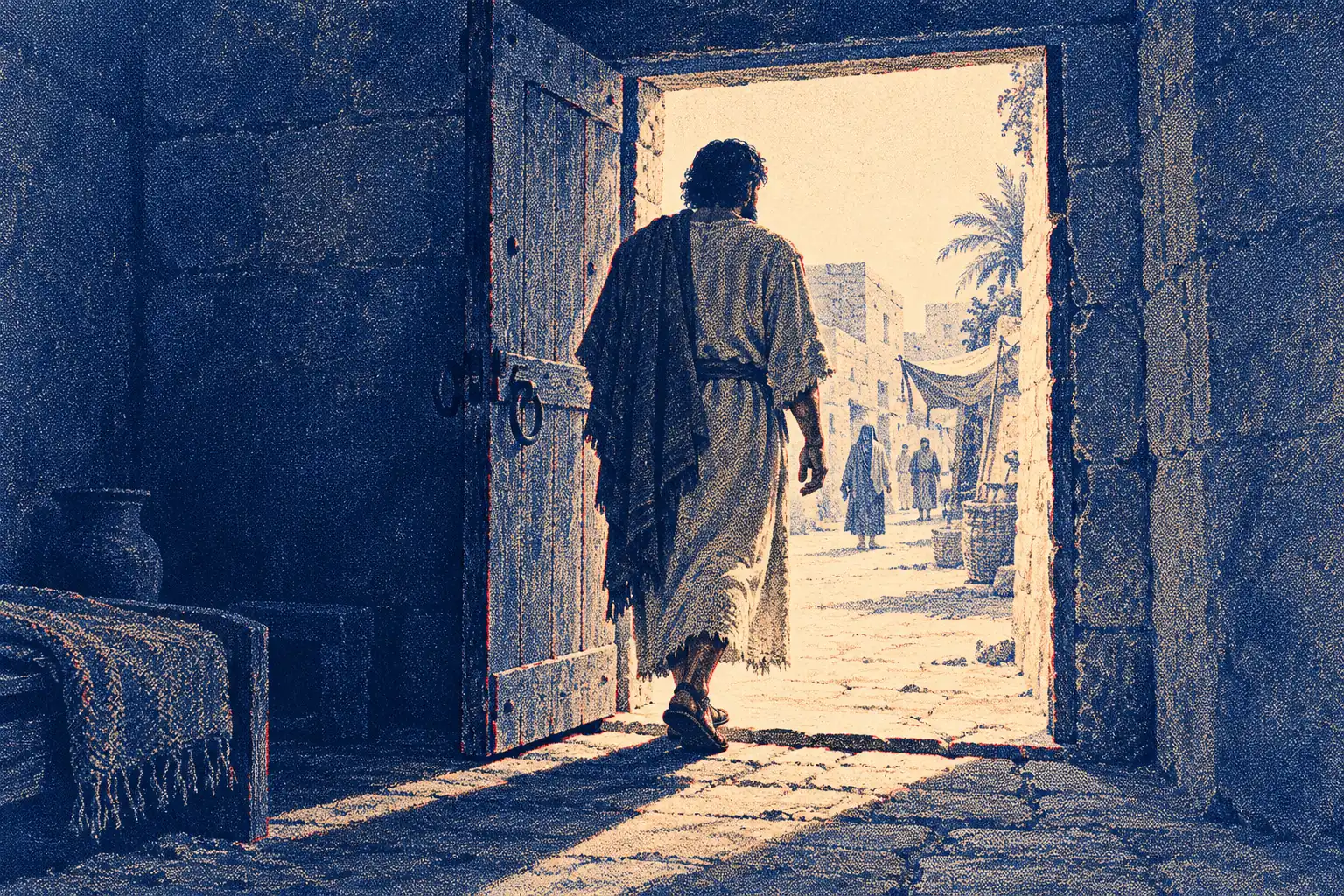 Seen from behind, a man in a plain tunic and mantle walks out through the open door of a stone cell, one foot over the threshold, into a bright narrow street with a few small figures beyond.