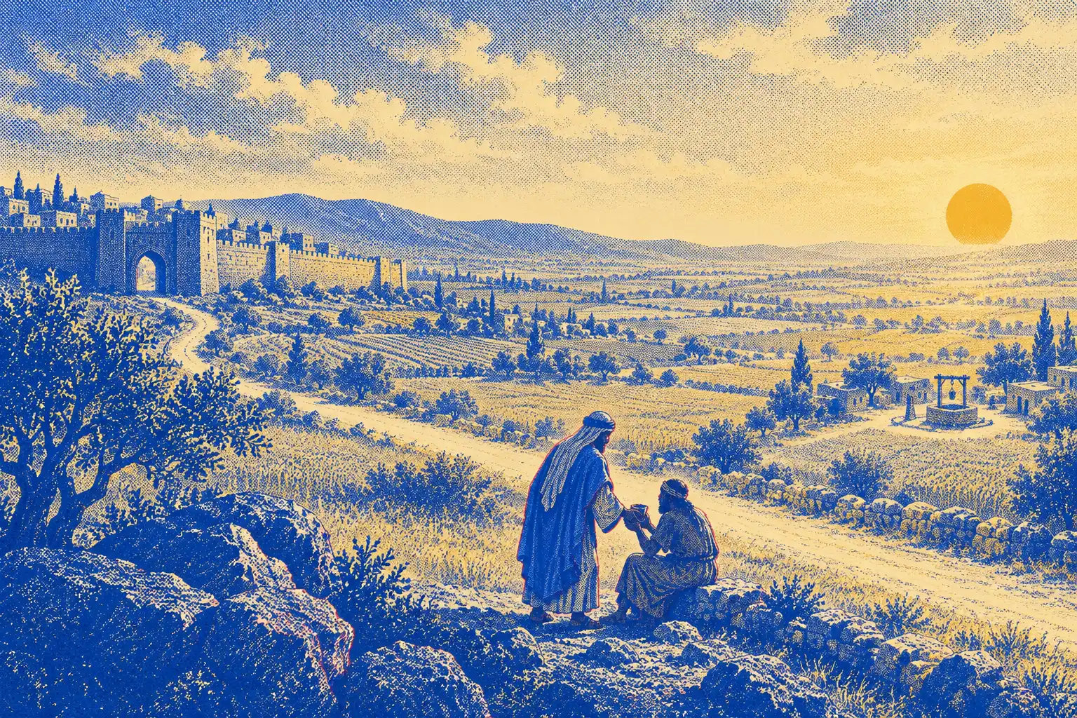 A road runs from a walled city on the left across green fields to a village well on the right, under a low gold sun. In the foreground a man in a fine mantle bends to hand a cup of water to a second man seated on a low wall.