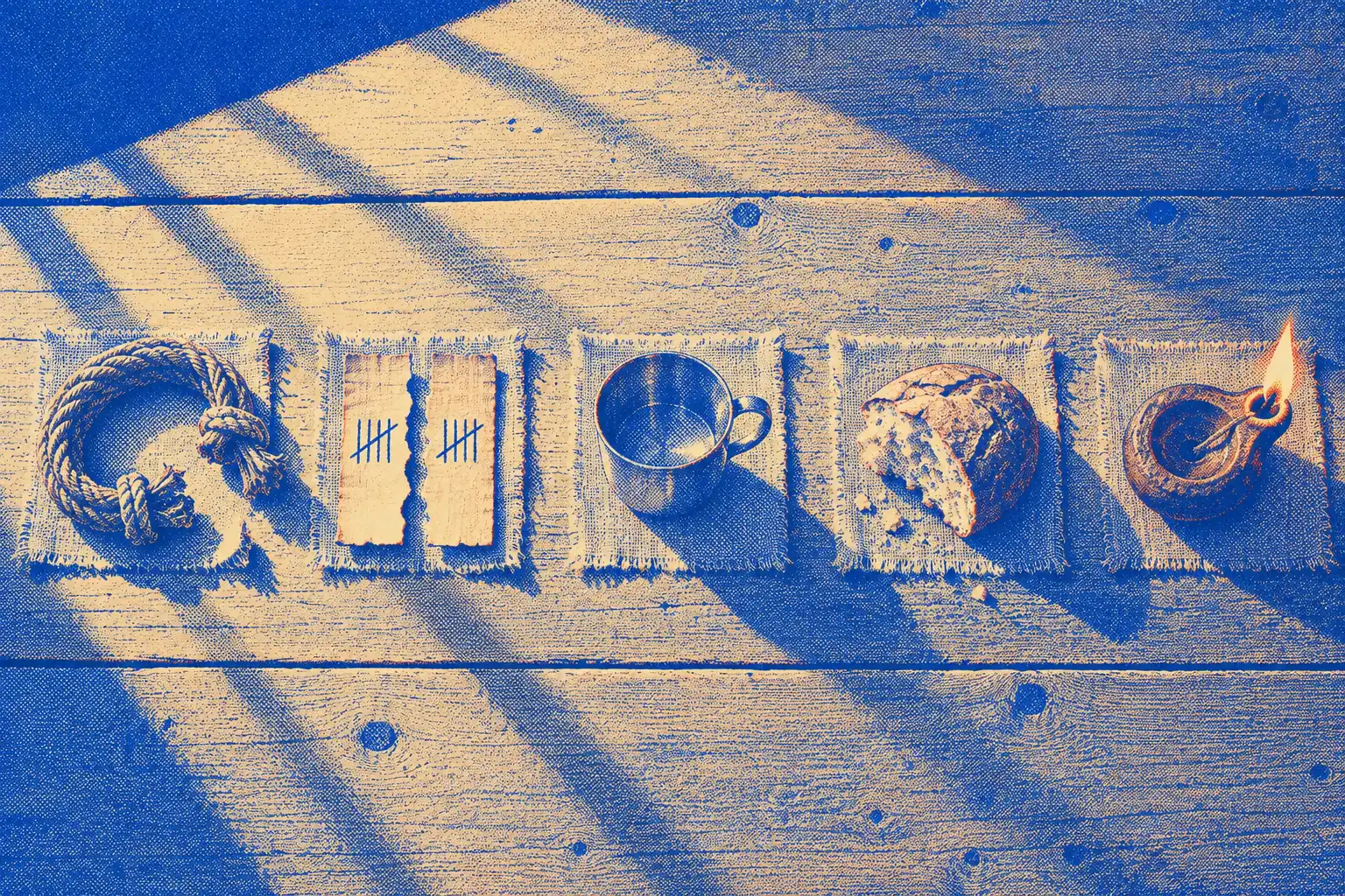 Seen from above, five objects sit on a long wooden table in bars of window light: a coil of rope with a cut knot, a torn strip of papyrus, a silver cup, half a broken loaf, and a small clay lamp with a flame.