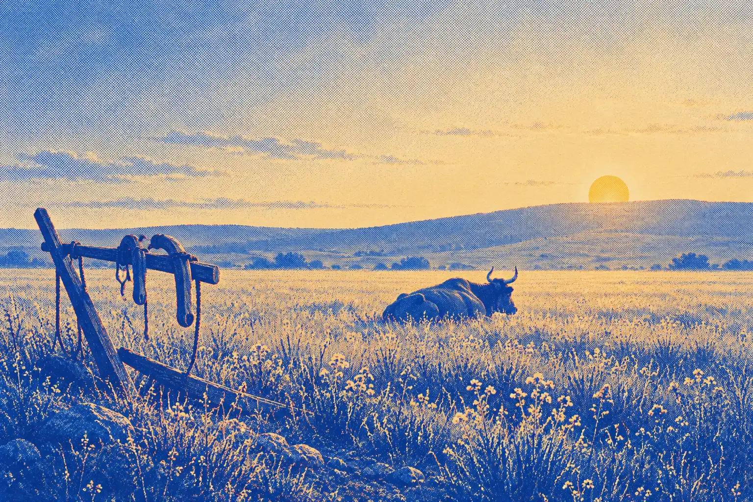 A wide field of tall wild grass and small flowers at first light. An ox lies resting in the grass, and a wooden plough with its yoke hung over it stands idle at the edge of the field, with a low hill and a pale sun beyond.