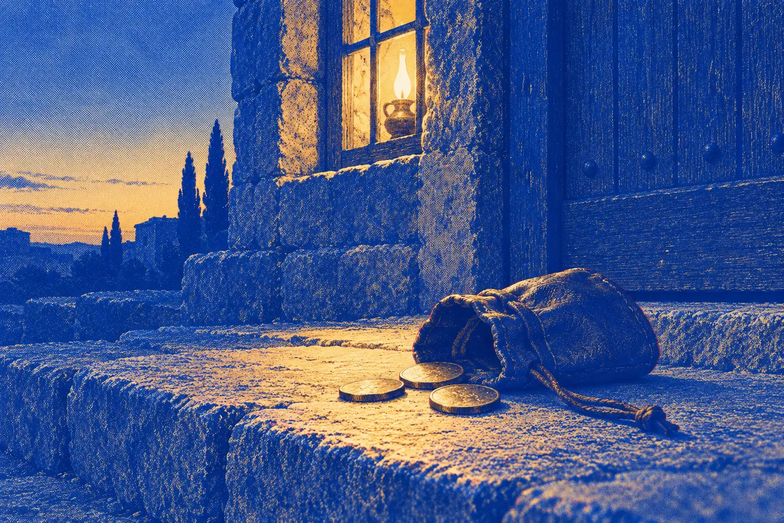 A small leather purse lies on its side on a worn stone step at dusk, with three coins spilled beside it. A shut wooden door stands behind it, and a window glows with lamplight.