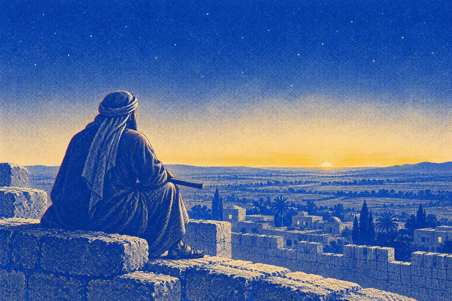 A watchman in a cloak and head cloth sits on the stone wall of a city before dawn, seen from behind. He looks east across a dim plain of flat roofs and fields toward a thin band of gold on the horizon.