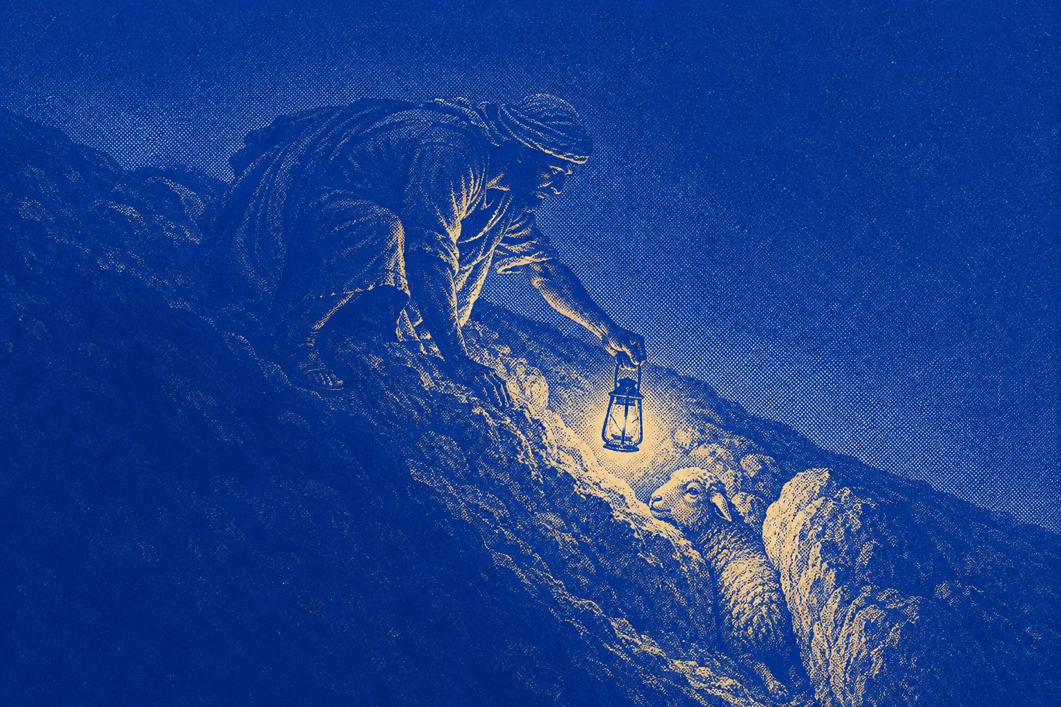 A shepherd on a dark hillside at night, lantern held low near the ground, the light finding one sheep wedged in a rocky cleft below him, the man already crouching to reach it