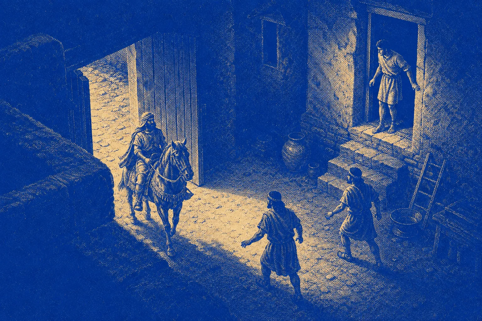 A messenger on horseback arriving at the gate of a wealthy walled house at dusk, a lame young man watching from an upper doorway, uncertain whether the rider brings a summons or a sentence