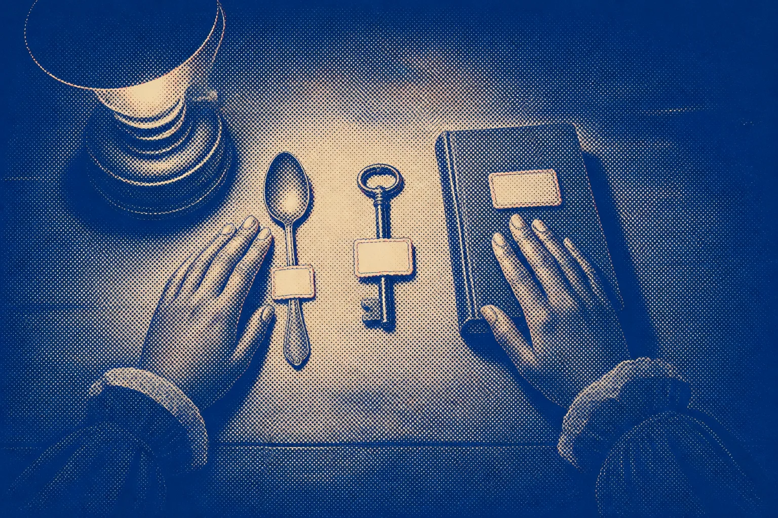 A workbench lit by a single lamp, raised-letter paper labels pasted onto a spoon, a key and a book, a woman's hands resting on the objects, the room otherwise dark and empty