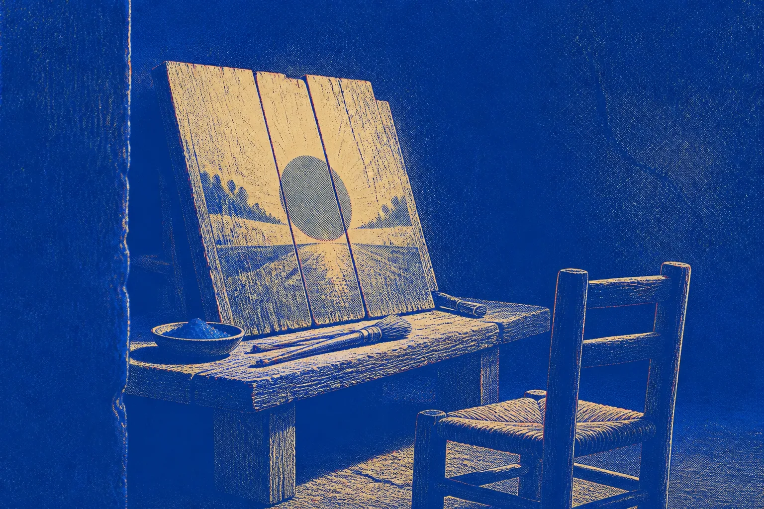 A workshop bench with a damaged painted wooden panel propped upright, its surface scored and darkened, fresh pigment and brushes laid out beside it, a chair set facing the panel as though someone is expected to come and sit