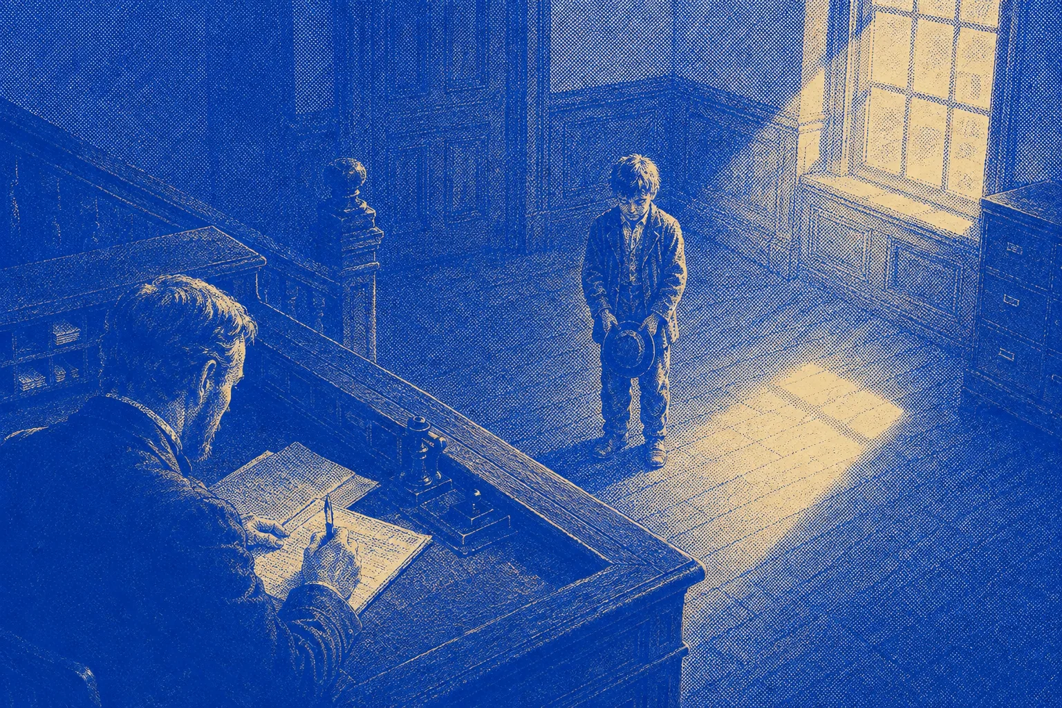 A ragged boy standing alone in a wood-panelled nineteenth-century office, hat in both hands, a clerk at a high desk writing down his words, afternoon light from a tall window falling short of where the boy stands