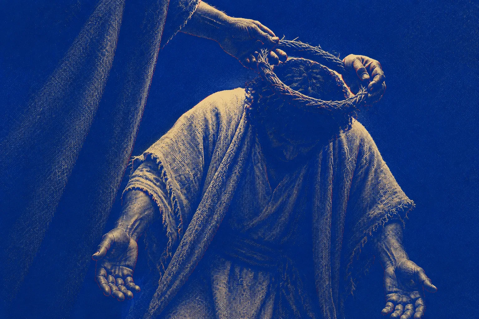 A plain woven wreath being lowered onto a bowed head from above by hands that are not the wearer's, the wearer's own hands hanging empty at his sides