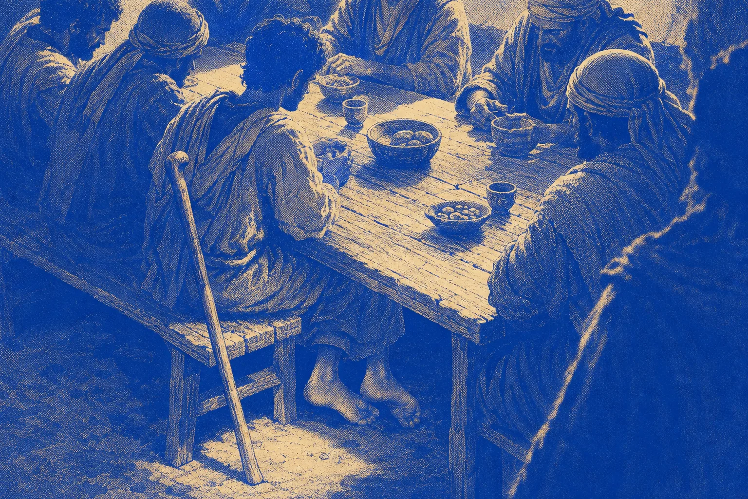 A long banquet table lit from one high window, a young man seated among the king's sons, his two crutches leaning visibly against the table edge beside him, nobody looking at them