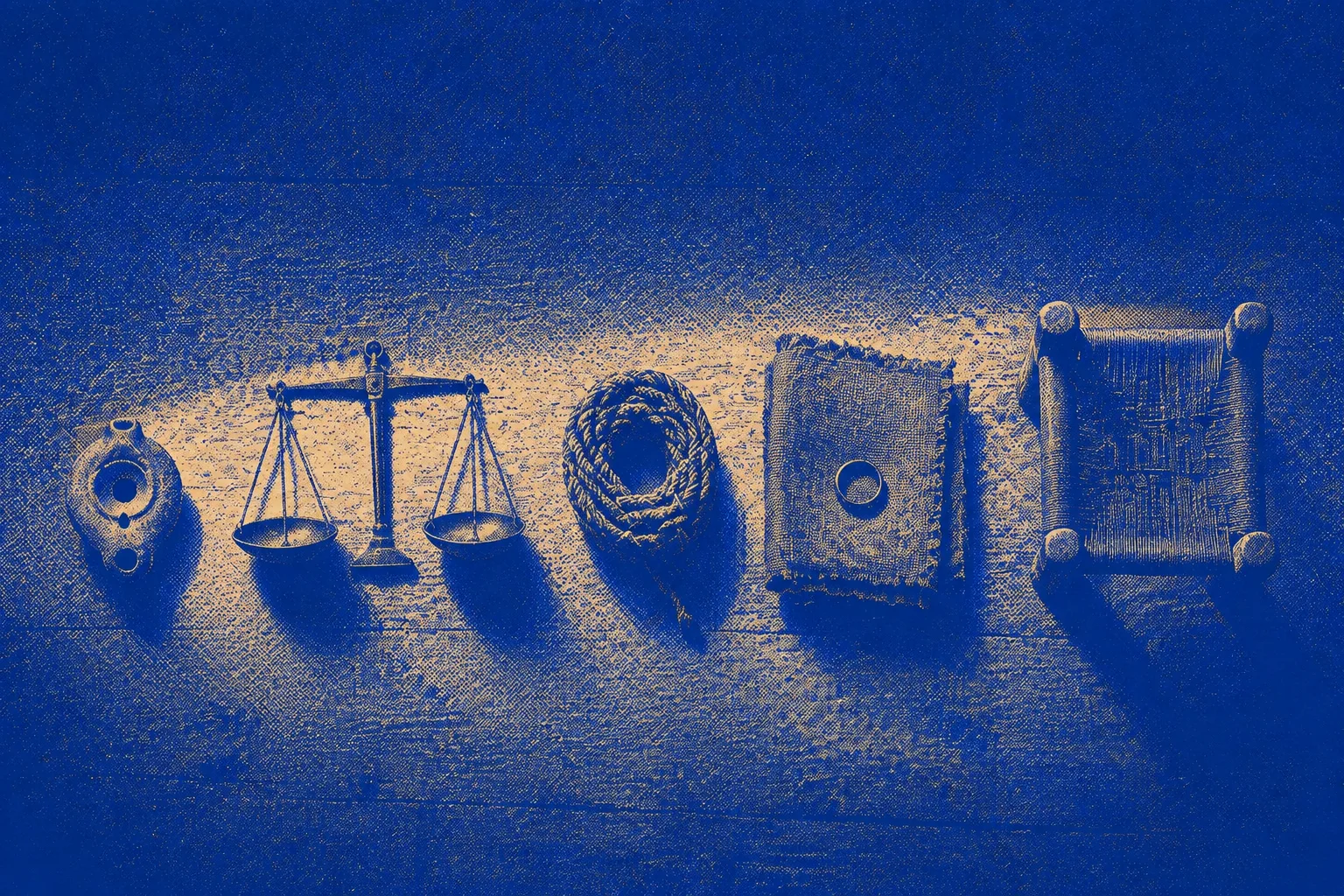 Five objects laid out in a row on a plain wooden surface in raking light — a small clay lamp, a set of balance scales, a coil of rope, a folded robe with a ring resting on it, and an empty chair turned toward the viewer