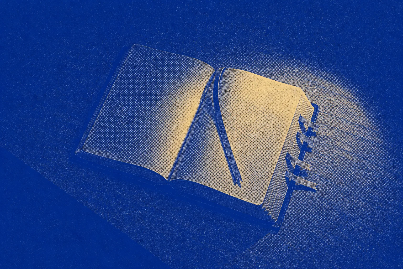 An open Bible on a plain table with a narrow ribbon marker running diagonally across both pages, several other ribbons trailing out of the fore-edge at different depths