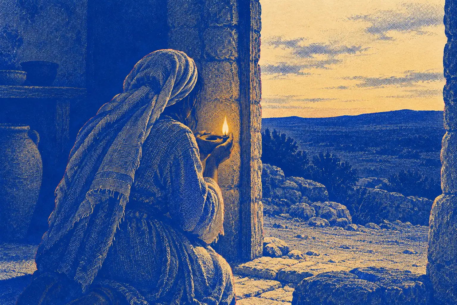 A woman kneeling in a dark doorway at dusk, shielding a small clay lamp whose gold flame is the only bright thing.