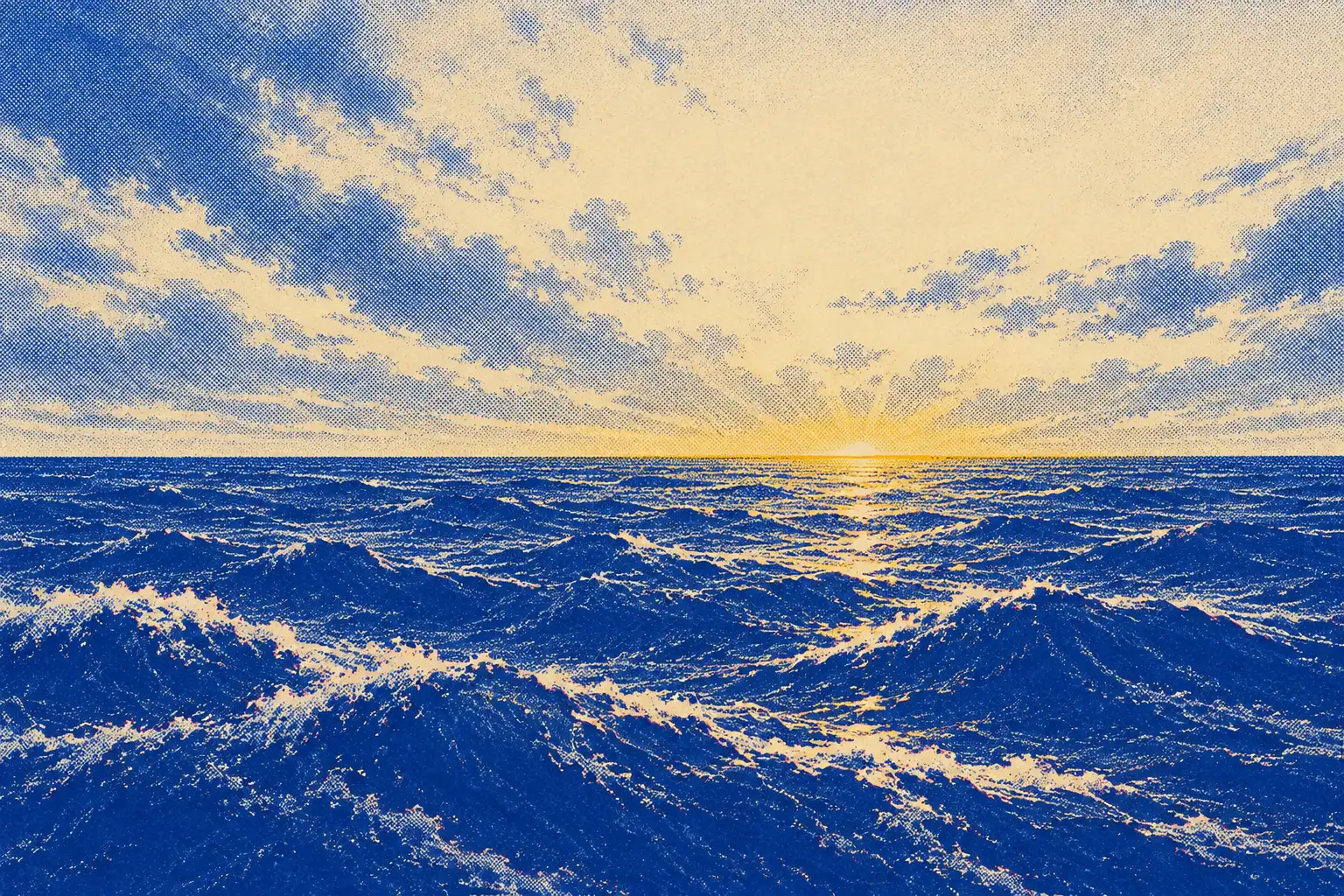 A wide dark sea under a pale sky with one thin band of gold light breaking open on the horizon.
