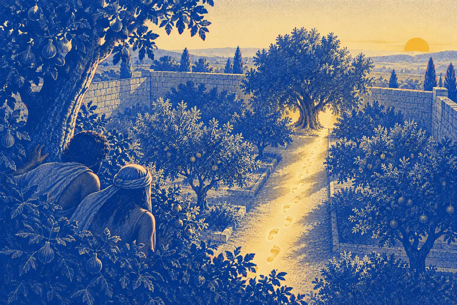 Looking down into a walled garden at evening, a line of glowing footprints runs down the path toward two small figures hiding behind a tree.