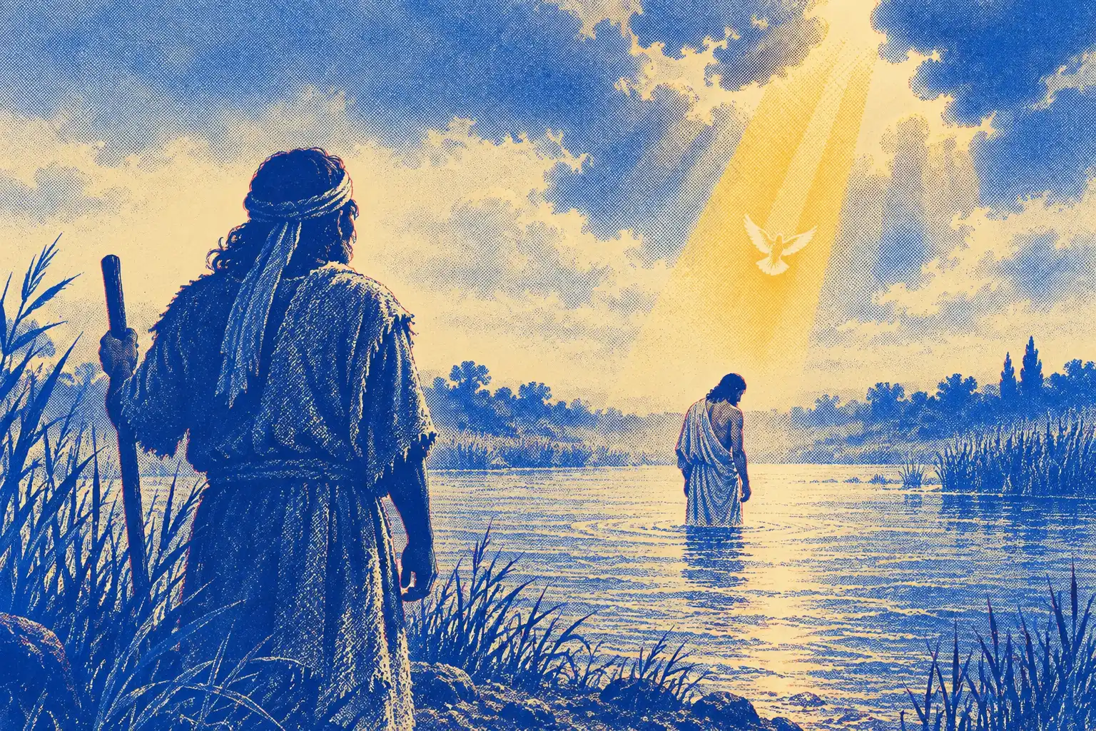 Seen from the bank, a man stands in the Jordan up to his knees while a small bird descends toward him through one shaft of gold light.