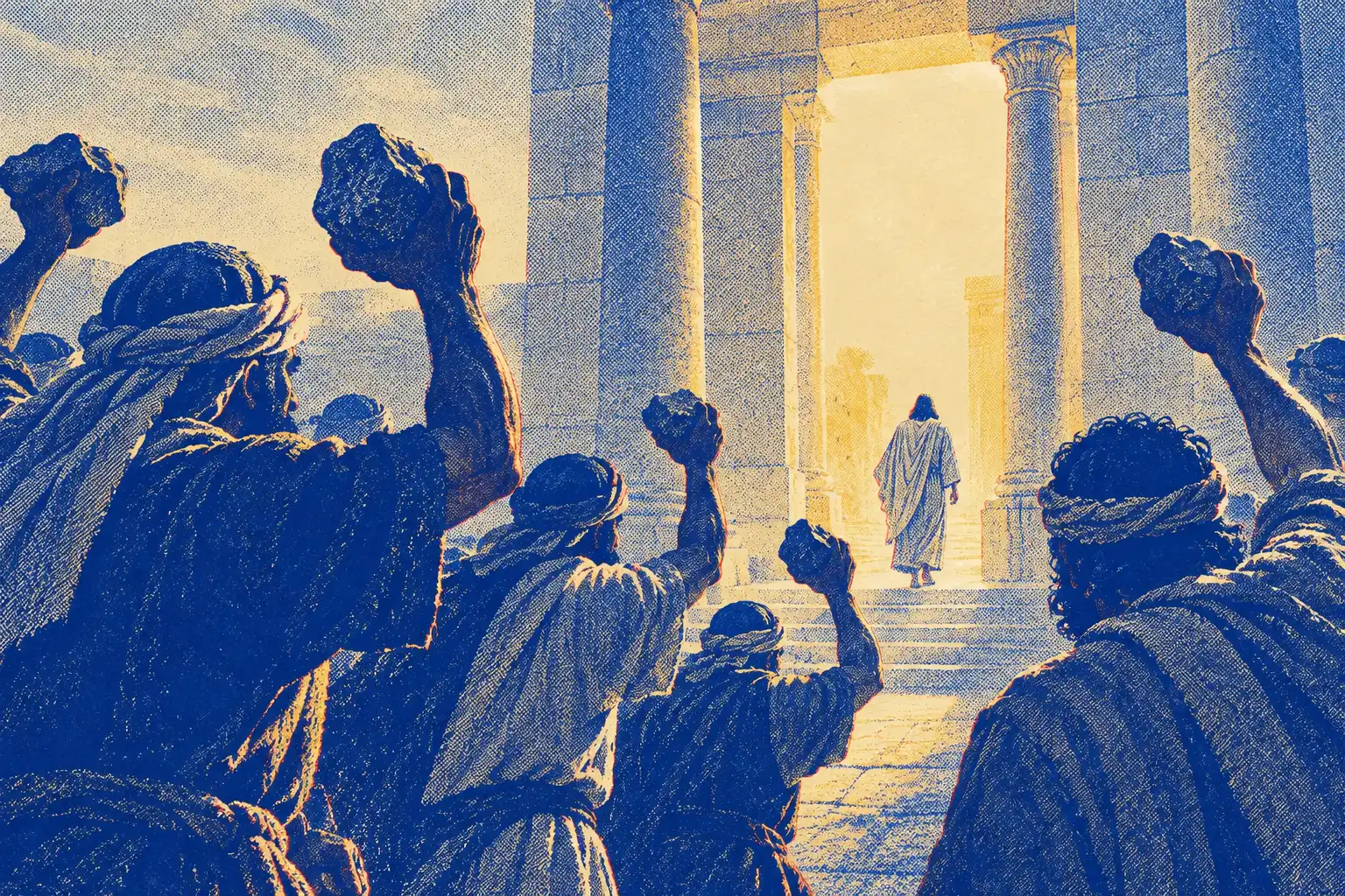 Raised arms and heavy stones in the foreground of a temple court, and far off, one small figure walking away through a gateway of light.