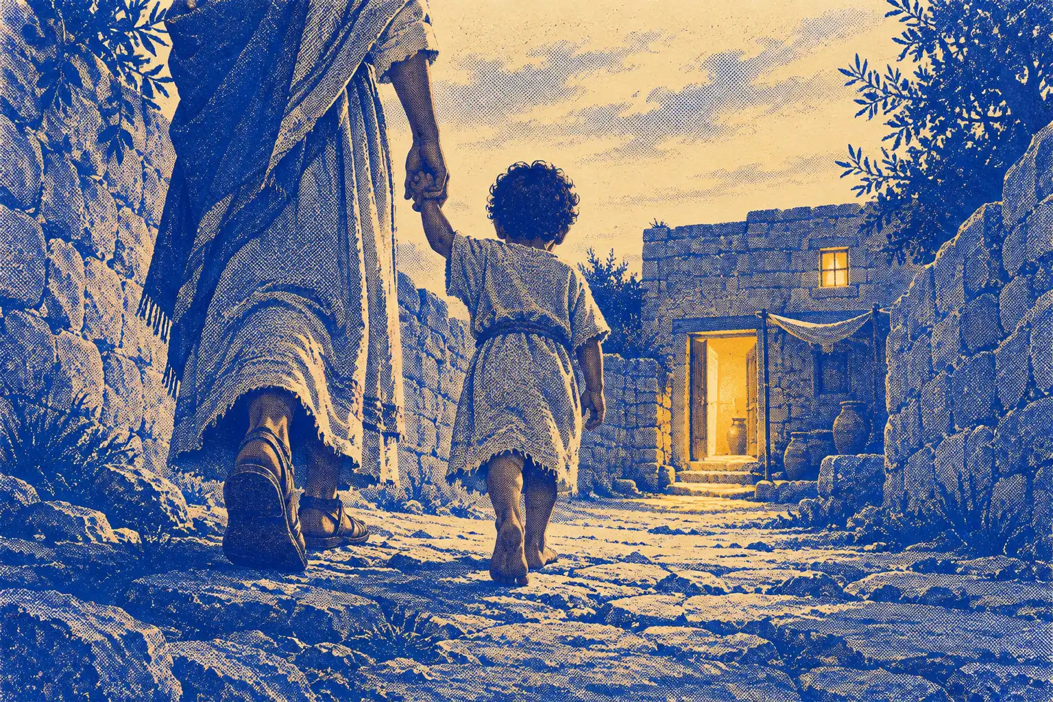 A child's hand held in a woman's hand as they walk down a stone lane toward one lit window at dusk.