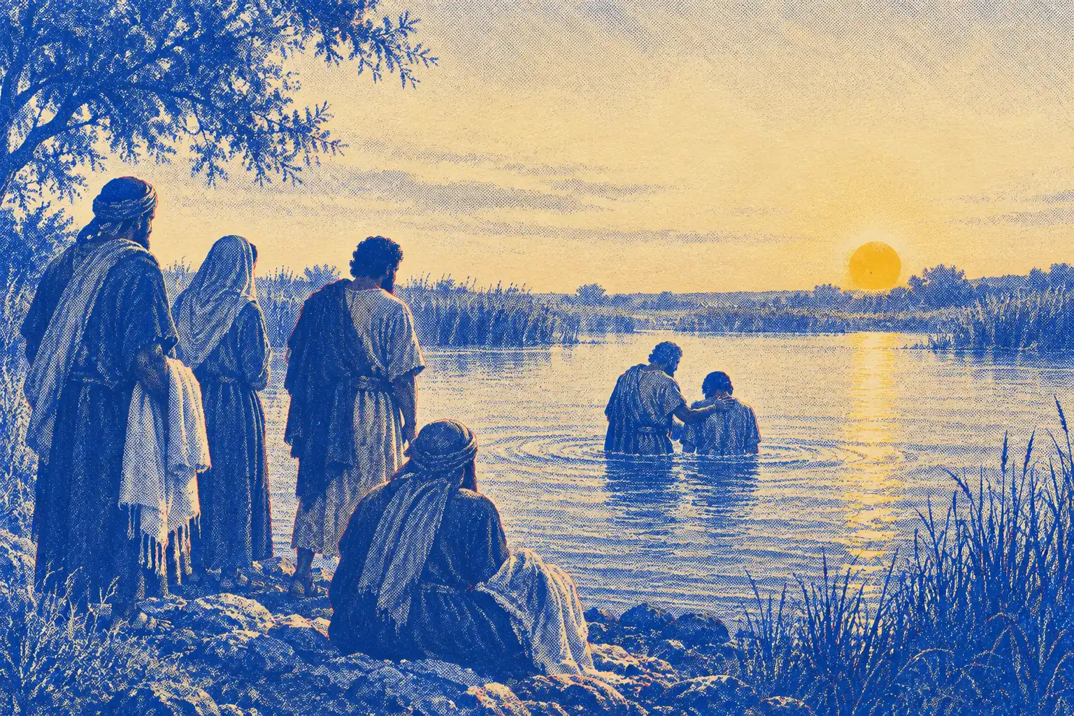 At dawn a small mixed group stands in shallow river water while one person is lowered under the surface by another.
