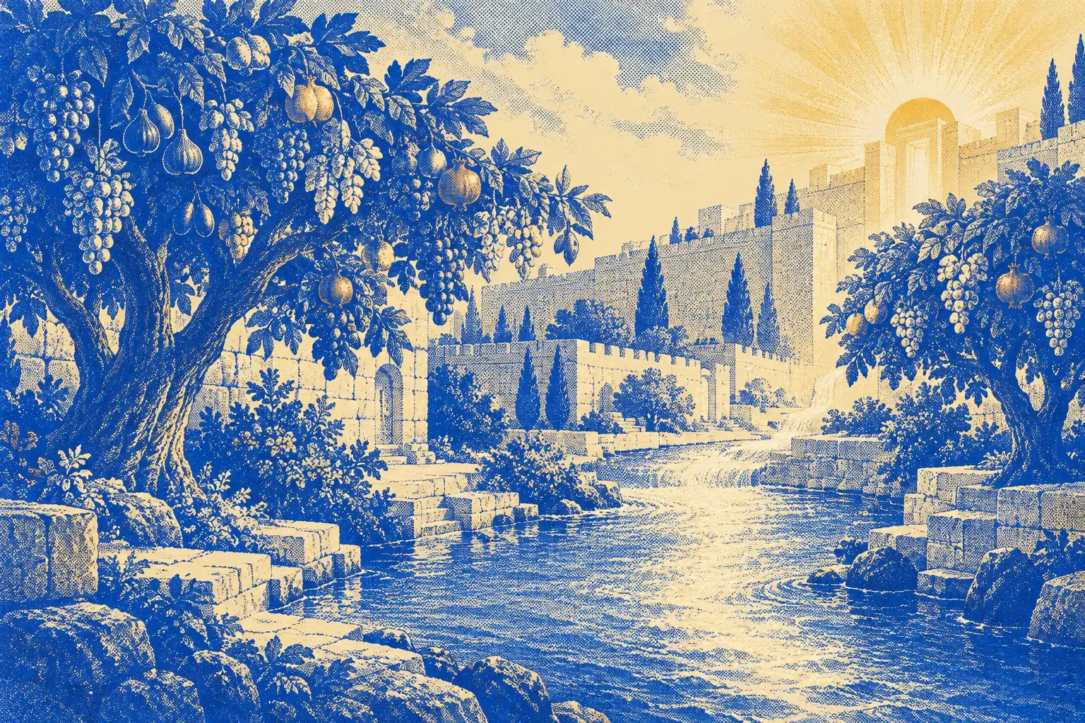 A clear river runs down the middle of a city street between two heavy fruit trees, under a gold light with no night.