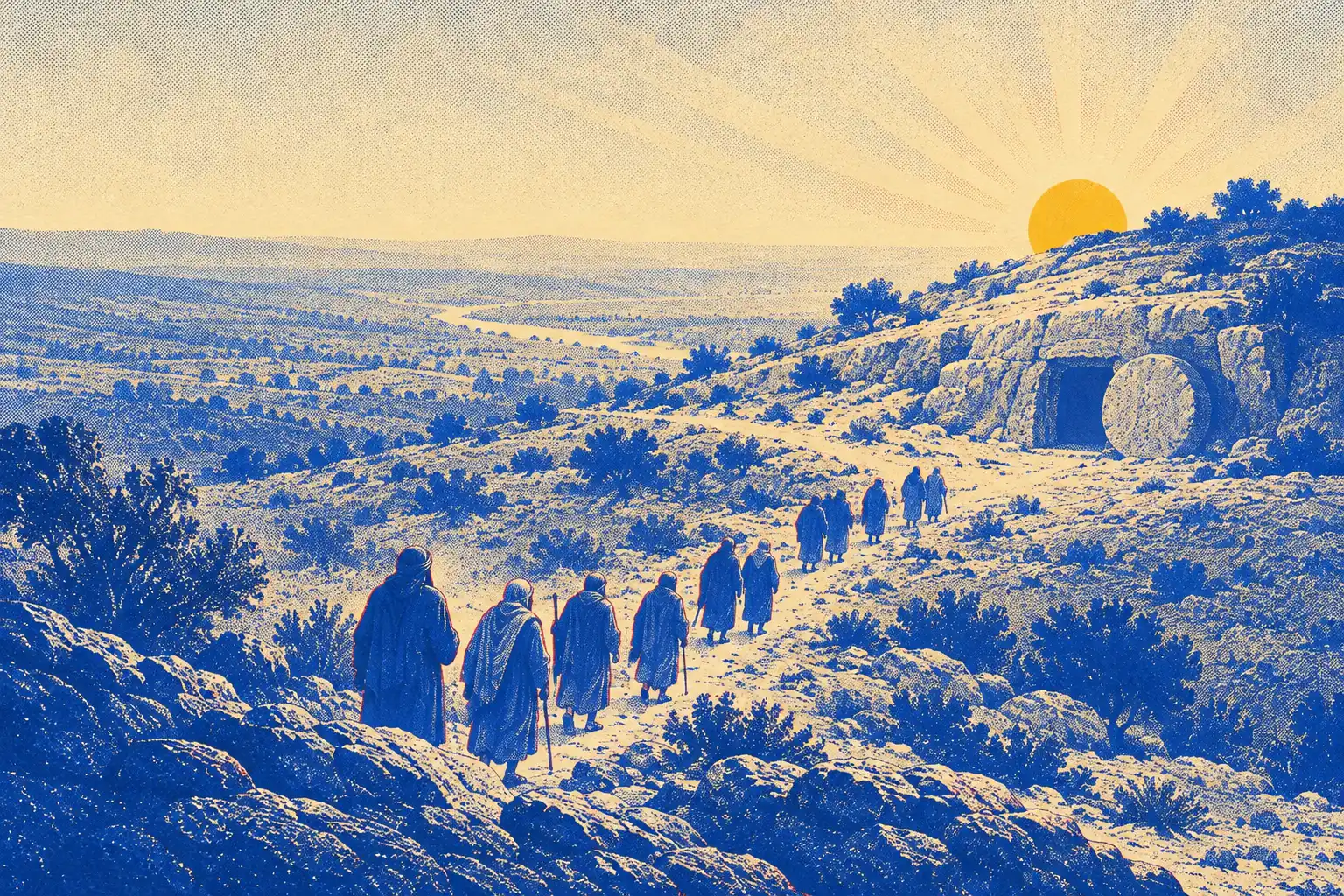 From high above, small figures walk a long road toward an open rock tomb whose stone has been rolled aside in the first light.