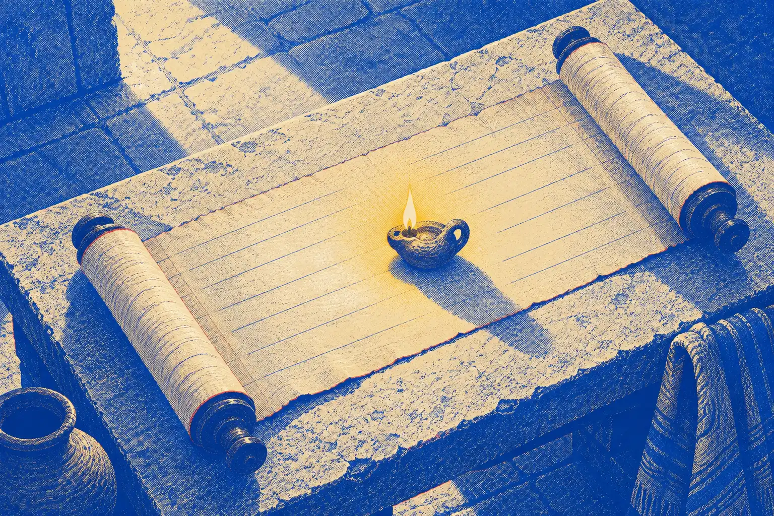 From directly above, a long scroll lies unrolled across a stone table with a small gold lamp at its center.