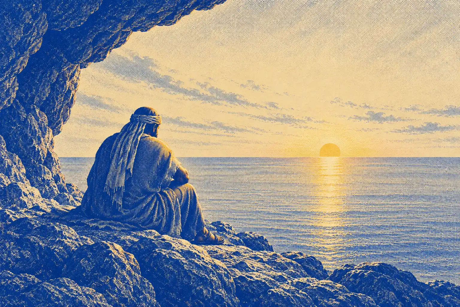 A man sits at the mouth of a cave at dawn, seen from behind, with one shaft of gold light lying on his shoulder.