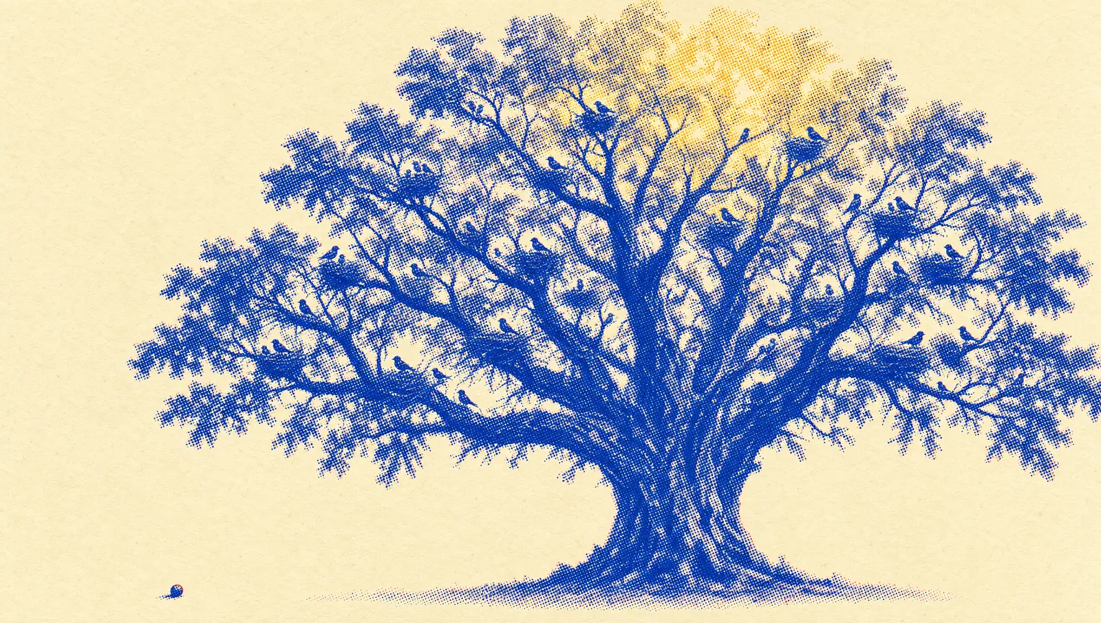 A tiny mustard seed beside an enormous spreading tree filled with nesting birds
